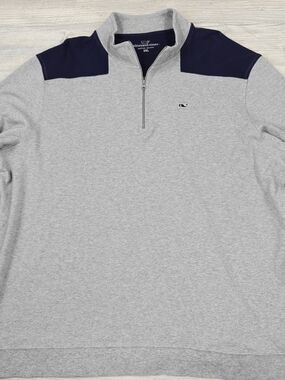 Vineyard Vines 1/4 Zip Sweater Mens XXL Light Gray Navy Blue Pullover Cotton